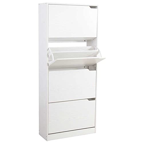 BAKAJI Scarpiera Portascarpe in Legno MDF con 4 Ante Porta Scarpe a Ribalta Maniglie a Scomparsa Doppia Profondità Dimensioni Compatte Slim 63 x 24 x 150 cm Ingresso Casa (Bianco Frassinato)