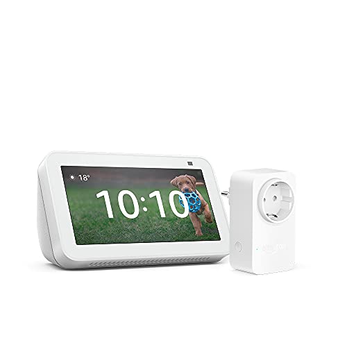 Echo Show 5 (2ª generazione, modello 2021), Bianco + Amazon Smart Plug (presa intelligente con connettività Wi-Fi), compatibile con Alexa - Kit di base per Casa Intelligente