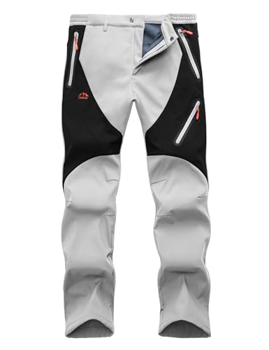 Fleece Foderato Pantaloni da Trekking Impermeabili Caldi Softshell Pants Antivento Neve Sci Cargo Pants per Outdoor-Light Gray+Black-XL