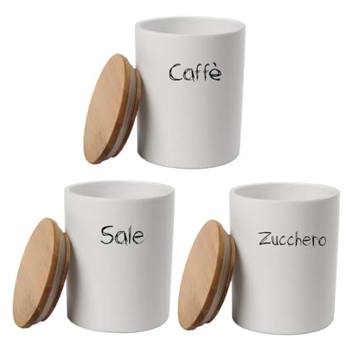 Maury's Tris Barattoli in Ceramica con Top in Legnov10x13cm: Sale, Zucchero e Caffè (Tondo)