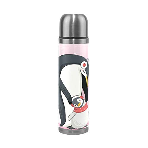 BEUSS Famiglia di Pinguini Rosa Baby Acqua Bottiglia d'Acqua Boccetta di Vuoto Isolata in Acciaio Inossidabile Matraccio Sottovuoto Imballaggio in Pelle(500 ml)
