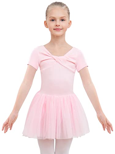 PLIKSUVER Ragazze Body Danza Vestito da Balletto Balletto Leotard Tutu Body per Danza Lungo Breve Corto per Bambina Ragazza Rosa Nero (Rosa Manica Corta, 100)