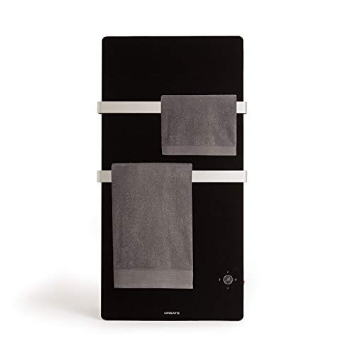 CREATE / WARM TOWEL CRYSTAL / Porta asciugamani elettrico nero in vetro, con wifi, comando a distanza, doppio gancio, schermo led, timer settimanale e 24 ore