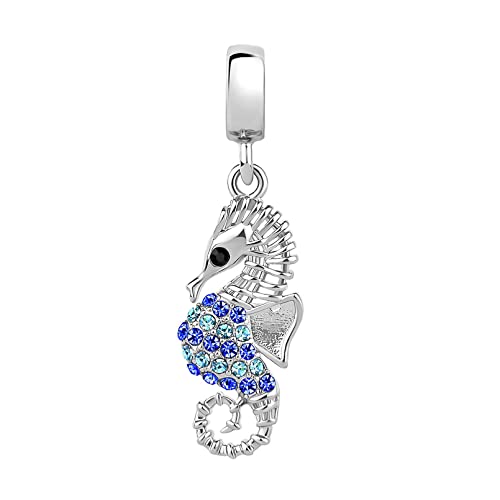 FGT Charm per braccialetti con cavalluccio marino blu oceano compatibile con braccialetti Pandora Charms Bracciali Pesci di mare Animali Regalo per figlia, Zirconia cubica, Nessuna pietra preziosa