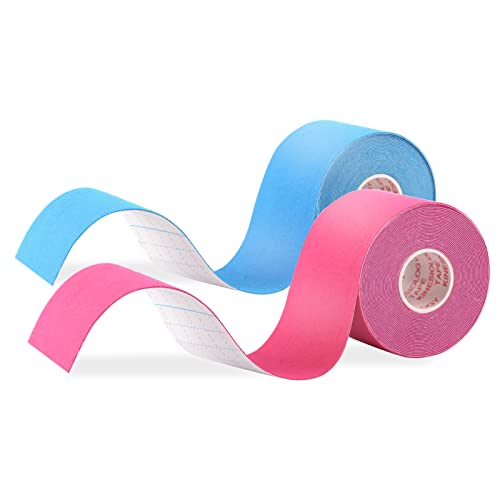 JOPHEK Kinesio tape 2 rotolo, Blue & Rosa, 5m x 5cm, Nastro kinesiologico impermeabile ed elastico, Ideale per il ginocchio, articolazioni, supporto muscolare
