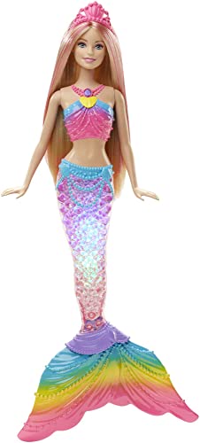 Barbie Sirena Arcobaleno con Capelli Biondi, Luci Colorate, Si Attiva Sott'Acqua,DHC40, Esclusivo Amazon