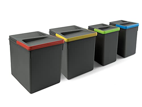 Emuca - Contenitori per cassetti da cucina Recycle, Altezza 266, 2x15L + 2x7L, Plastica grigio antracite, Tecnoplastica