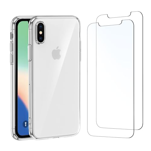 NEW'C Cover per iPhone X e iPhone Xs Gel TPU in silicone custodia ultra trasparente e 2 × vetro temperato, Pellicola proteggi schermo