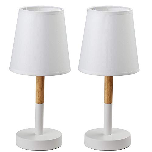 Bakaji Set 2 Lampade da Tavolo lampada Lume da Comodino con Base in Metallo e Legno Paralume in Tessuto Bianco Abatjour Design Moderno Dimensione 14 x 32,5 cm