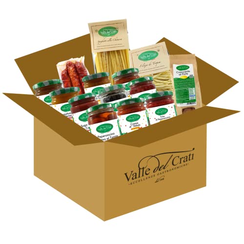 Valle del Crati Box Regalo Natalizio con 14 prodotti | Cesto di Natale con Pasta Salsiccia, Creme, Sottoli, Sughi ed altro| Cestino Natalizio
