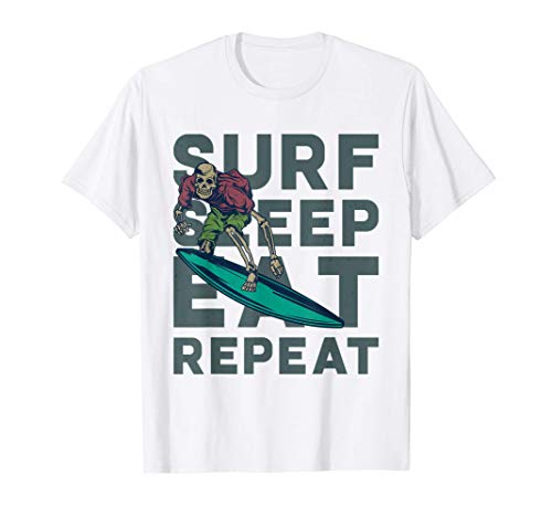 Surf Sleep Eat Repeat T Shirt, Skeleton Riding Waves & Surf Maglietta
