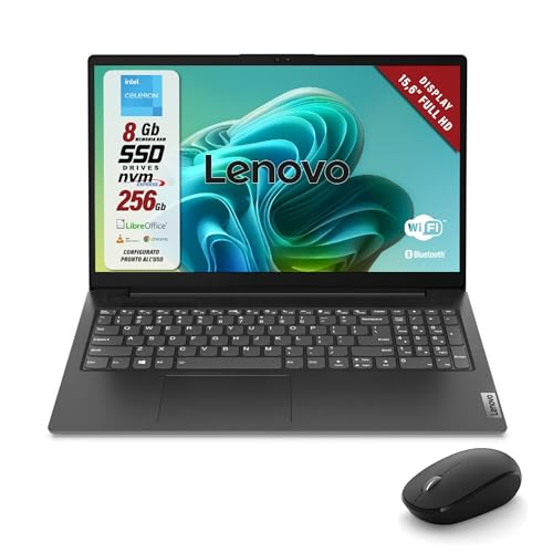 Lenovo, Pc Portatile Notebook, Display FHD da 15,6', CPU Intel N4500, Ram 8Gb, SSD 256Gb, Computer Portatile con Libre, W11 e Mouse Wireless