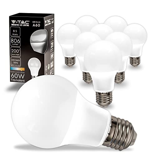V-TAC 10x Lampadine LED con Attacco E27 8,5W (Equivalenti a 60W) A60 - Lampadine di Nuova Generazione - 806 Lumen - Massima Efficienza e Risparmio Energetico - 3000K Luce Bianca Calda