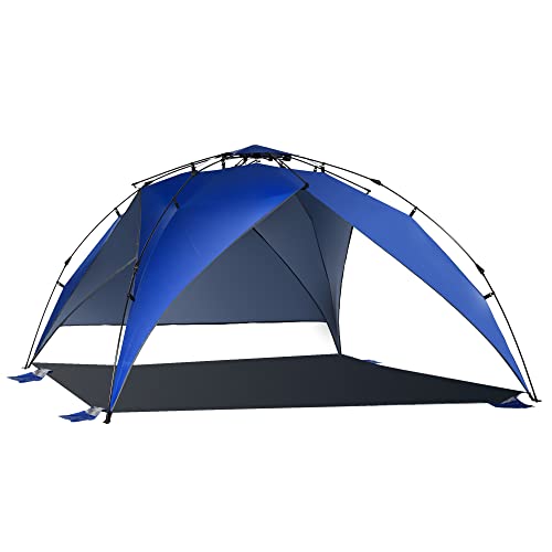 Outsunny Tenda da Spiaggia Pop Up per 4 Persone, Tenda Parasole da Spiaggia con Corde e Paletti in Poliestere, 247x247x145cm, Blu