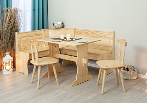 Inter Link Set di tavolo, sedie e panca ad angolo, per cucina o sala da pranzo, in legno massiccio di pino, laccato naturale