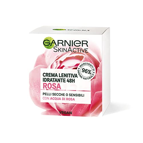 Garnier Crema Viso Idratante Lenitiva Skinactive, Ottima per Pelli Secche o Sensibili, Arricchita con Acqua di Rosa, 50ml