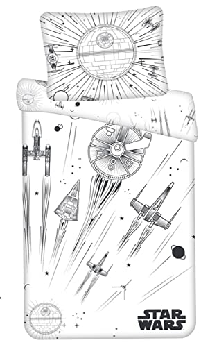 Set di biancheria da letto Star Wars Death Star, con navi spaziali che si illuminano al buio, colore nero e bianco, copripiumino 140 x 200 cm + federa 70 x 90 cm