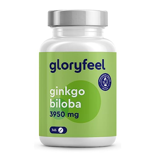 Ginkgo Biloba 3950 mg Estratto 50:1, 365 Compresse, Ginko Biloba con 24% Flavonoglicosidi + 6% Terpenlattoni, Ginkgo Biloba Integratore per Circolazione, Concentrazione e Memoria, 100% Vegan