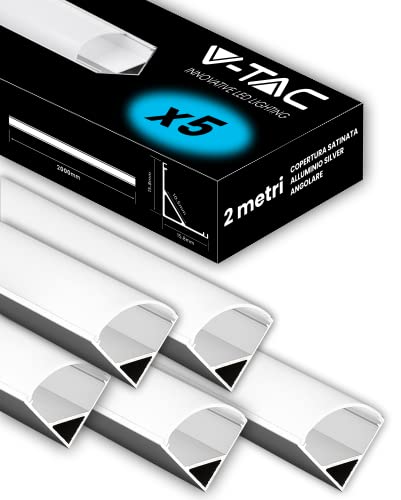 V-TAC 5x Profili Angolari da 2 METRI per Strisce Led - (10 Metri Totali) - Profili per Strisce LED in Alluminio con Copertura Satinata - Colore Argento - Angoli 21,3 x 15,8 mm