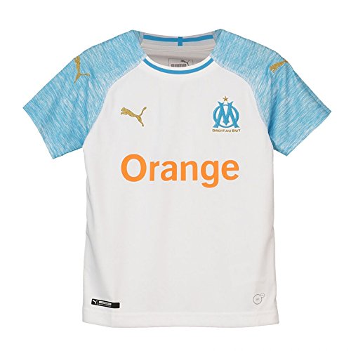 PUMA Olympique De Marseille Home Replica SS, T-Shirt Unisex Bambino, Bianco/Bleu Azur, 164