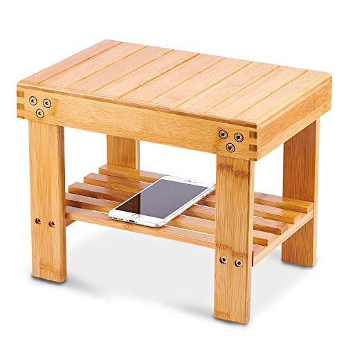 Utoplike - Sgabello in bambù, piccola sedia per bambini, portatile, poggiapiedi, con ripiano portaoggetti, per cucina, bagno, camera da letto, leggero e antiscivolo
