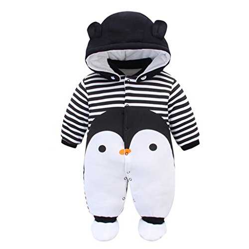 Bambino Pagliaccetto con Cappuccio Scarpe Tute da neve Cartone Animato Jumpsuit Inverno Caldo Tutine Set, Pinguino 6-9 Mesi