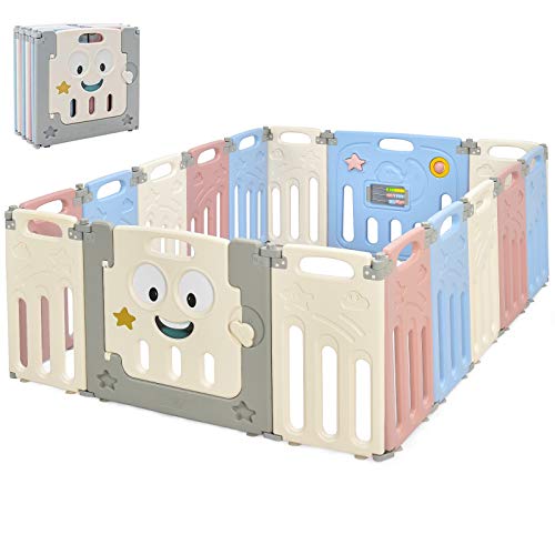 COSTWAY Box per Bambini Barriera Sicurezza, Cancelletto Recinto con Porta, Plastica Estensibile, 16 Pannelli (Colorato)