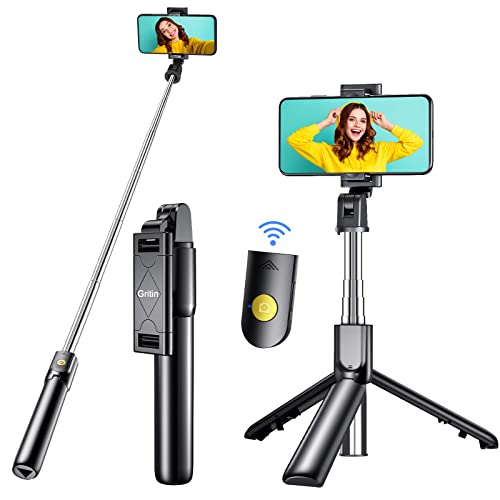 Gritin Bastone Selfie, 3 in 1 Bastone Selfie Bluetooth Treppiede Selfie Stick Estensibile Portatile con Telecomando Wireless Rimovibile & Treppiedi Stabile
