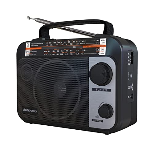 Audiocrazy Radio Portatile AM/FM/SW1-2 Multibanda Radio con Batteria Ricaricabile da 1000 mAh, Cavo AC o Radio FM Portatile a Pile, Altoparlanti，Jack Per Cuffie, Ingresso AUX Nero