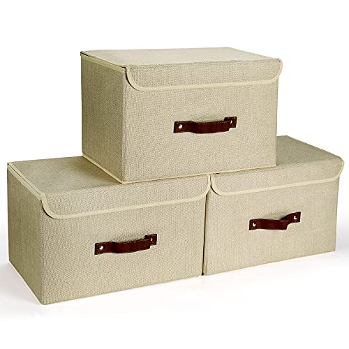 E-MANIS Grande contenitore pieghevole con coperchio, cesto portaoggetti in tessuto, con manici per organizzare mensole, casa, armadio e ufficio (38 x 25 x 25 x 25 cm, beige (confezione da 3)