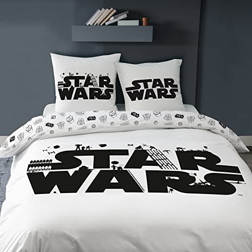 Star Wars Troup - Parure da letto per bambini, 140 x 200 cm, 100% cotone e Oeko-TEX, copripiumino da 140 x 200 cm + 1 federa 63 x 63 cm, stampa reversibile, colore: Bianco