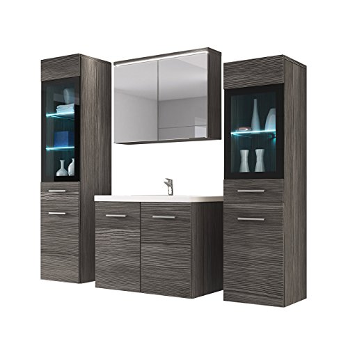Udine II - Set di mobili da bagno con lavabo e sifone, bagno moderno, completo, con specchio, mobiletto per lavabo, armadietto alto, senza illuminazione, Bodega