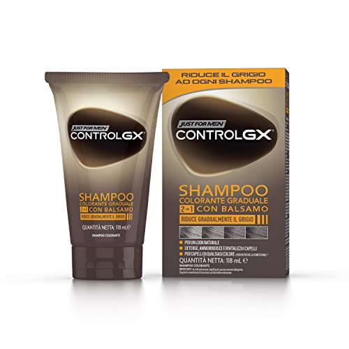 Just for Men Control GX, Shampoo Colorante Uomo, Colore & Tinta Capelli, 2-In-1 con Balsamo, Riduce Gradualmente il Grigio, per un Look Naturale, 118 ml