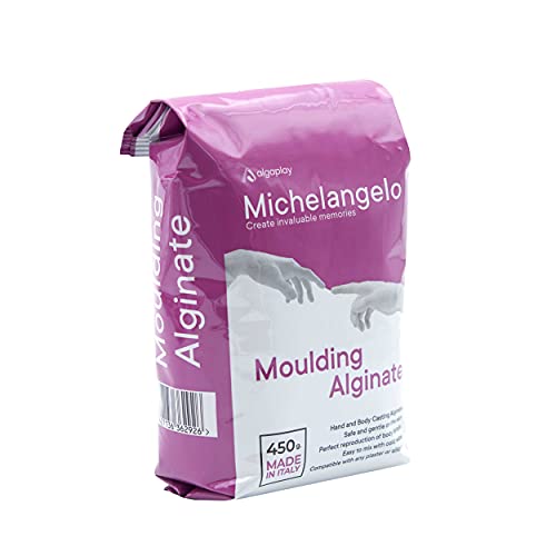 Michelangelo Moulding Alginate 450g. Alginato cromatico per impronte di alta precisione, perfetto per realizzare calchi delle mani o del corpo. Prodotto in Italia.