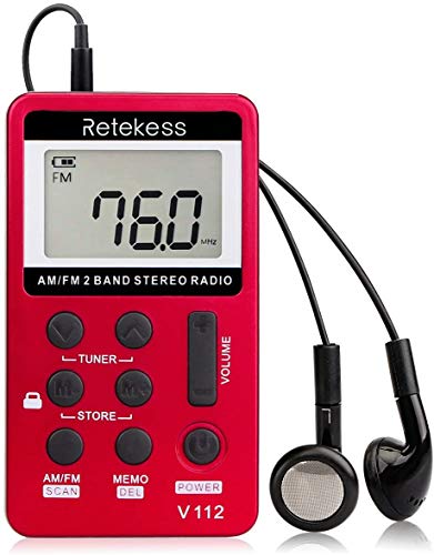 Retekess V112 Radio Portatile, FM AM Mini Radio, con Auricolari, Timer di Spegnimento, Batteria Ricaricabile da 500 mAh, per Correre, Viaggiare, Camminare (Rosso)