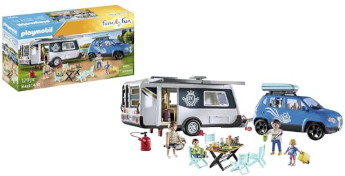 Playmobil Family Fun 71423 Roulotte con auto, Camping, divertimento campeggio versatile nella natura, una vacanza in famiglia attraverso tutto il paese, giocattolo per bambini dai 4 anni in su