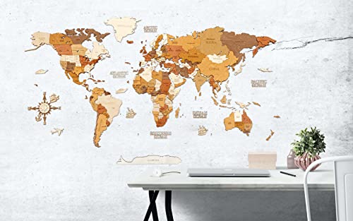 Mappa del mondo in legno per la decorazione delle pareti - Legno tinto multicolore, multistrato, nomi incisi - effetto 3D unico - per soggiorno, ufficio o camera da letto L (120x70 cm)