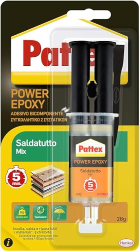 Pattex Power Epoxy Saldatutto Mix 5 minuti, forte colla epossidica bicomponente, colla bicomponente per plastica a elevata tenuta finale, colla multiuso multimateriale, trasparente, 1x28g