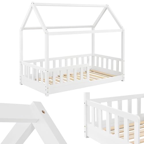 Juskys letto per bambini Marli da 80x160 cm con protezione anticaduta, rete a doghe e tetto - Letto a casetta in legno massiccio per bambini - Letto bianco