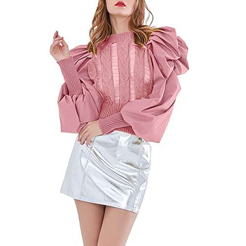 Donne's Manica A Sbuffo Sweater,Tinta Unita Collo Alto Camicetta Top Maglia Splicing Pullover,Elegante Sciolto Sweatshirt-Rosa One Size