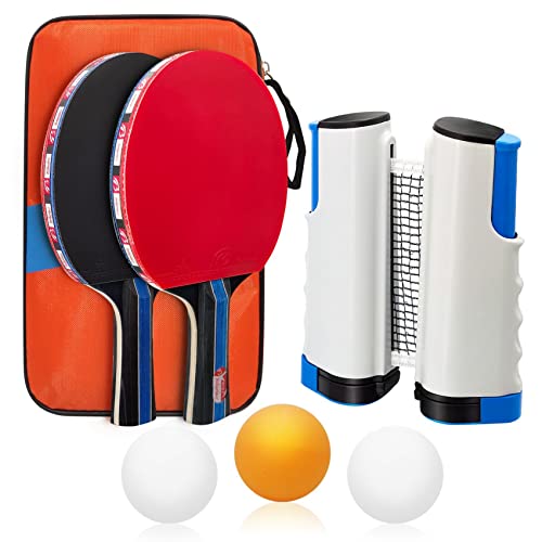 Baozun Set Racchette Ping Pong con 3 Palline, Rete da Tavolo Allungabile e Borsa