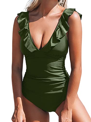 CUPSHE Costume da Bagno da Donna Volante Scollo a V Shirring Costume Intero, Verde, M