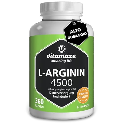 Vitamaze® L-Arginina 4500 mg ad Alto Dosaggio, 360 Capsule di Pura L-Arginina HCL Polvere, Qualità Tedesca, Naturale Integratore Alimentare senza Additivi non Necessari
