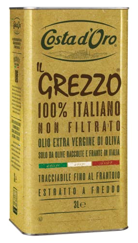 Costa d'Oro – Il Grezzo, Olio extravergine di oliva non filtrato 100% italiano. Estratto a freddo subito dopo il raccolto, ricco di vitamine e antiossidanti naturali. Latta Da 3 litri.