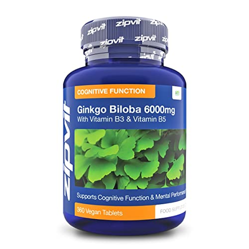 Ginkgo Biloba 6000 mg Estratto di foglie standardizzato, 360 Compresse Vegane con Vitamina B3 e B5. 24% di Glucosidi Flavonoidi e 6% di Terpenoidi. Fornitura per 12 mesi.
