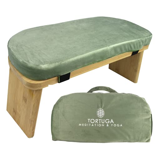 TORTUGA MEDITATION & YOGA - Panca da meditazione pieghevole in bambù biologico al 100% - Colore verde - Pacchetto completo: borsa da trasportare, comodo cuscino - Migliora la postura