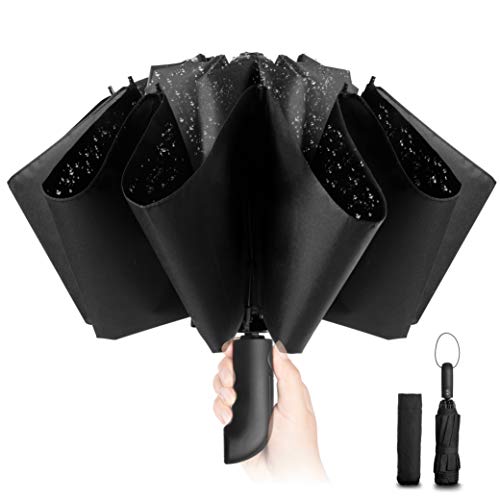 Ombrello pieghevole compatto anti-tempesta - Ombrello antivento automatico nero per uomo, rivestimento in teflon 210T, ombrello inverso da 105 cm, ombrello da pioggia grande 10 ossa