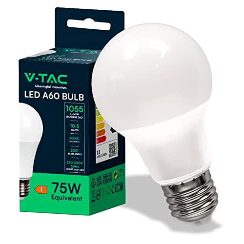 V-TAC Lampadina LED A60 con Attacco E27 potenza 10.5W (Equivalenti a 75W) - Lampadina di Nuova Generazione - 1055 Lumen - Massima Efficienza e Risparmio Energetico - 4000K Luce Bianca Naturale