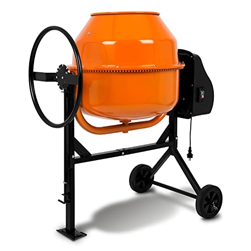 EBERTH 160L Betoniera Elettrica Mobile (650W Motore Miscelatore,Cilindro e Ingranaggio in Ghisa, Impastatrice Cemento, 230V, Telaio in Acciaio, Manovella Bloccabile, 2 Ruote di Gomma)