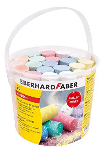 Eberhard Faber 526520 - Pastelli stradali in 5 colori brillanti con effetto glitter, secchio con 20 pastelli, per dipingere in modo colorato su asfalto, strade e marciapiedi